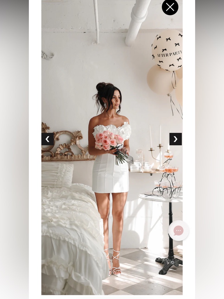 White Strapless Floral Bodice Mini Dress With Pink Rose Bouquet